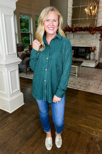 Button Up Textured Collared Top in Hunter Green