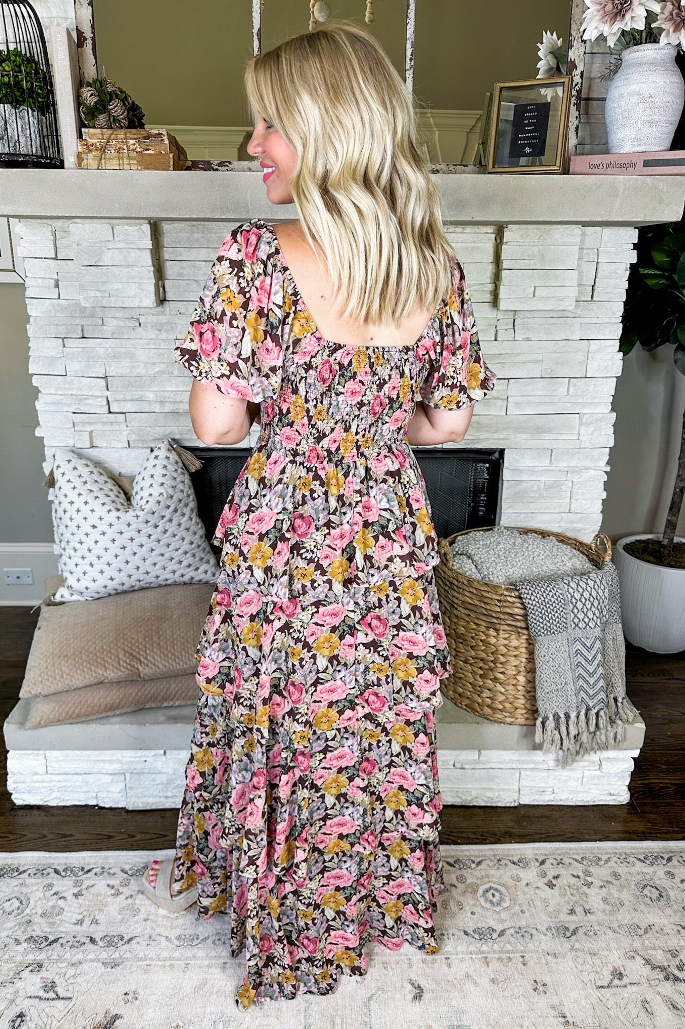 Pink/Brown Floral Square Neck Smocked Tiered Maxi Dress