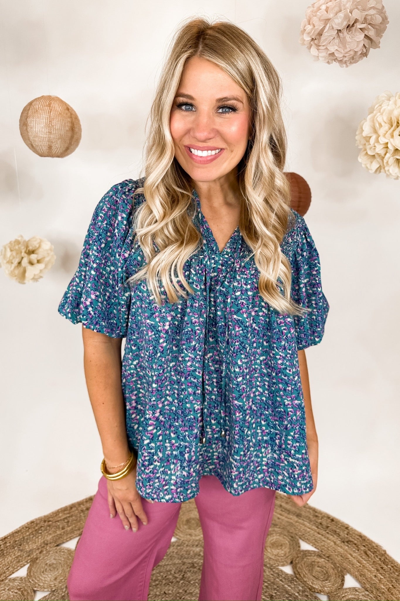 Dotted Smocked Bubble Sleeve Top with Neck Tie