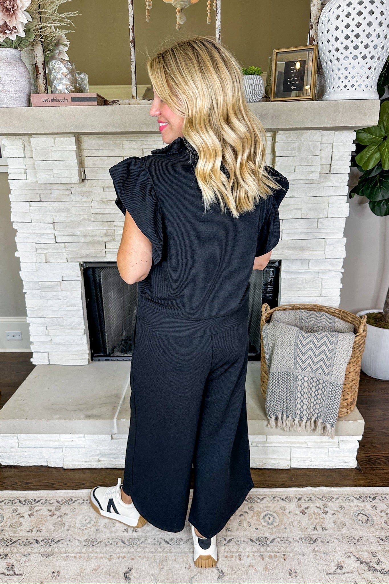 Ribbed Half Zip Ruffle Sleeve Pullover + Wide Leg Pant Set in Black