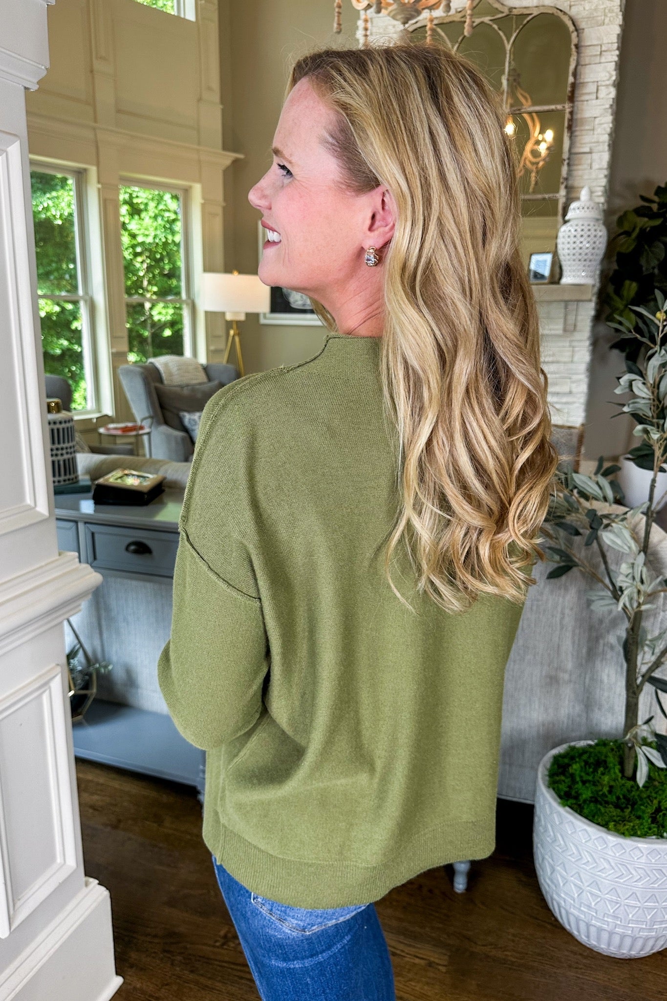 Oversized Soft Lightweight Boat Neck Sweater in Olive