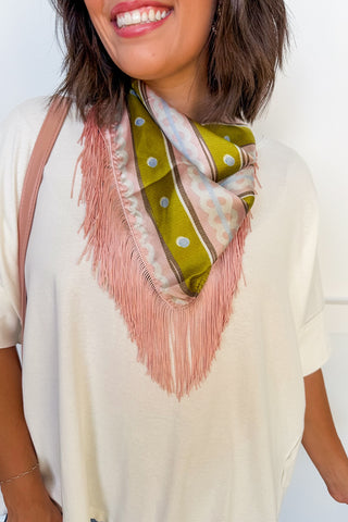The Dolly Fringe Scarf in Blush & Olive Vintage Stripe