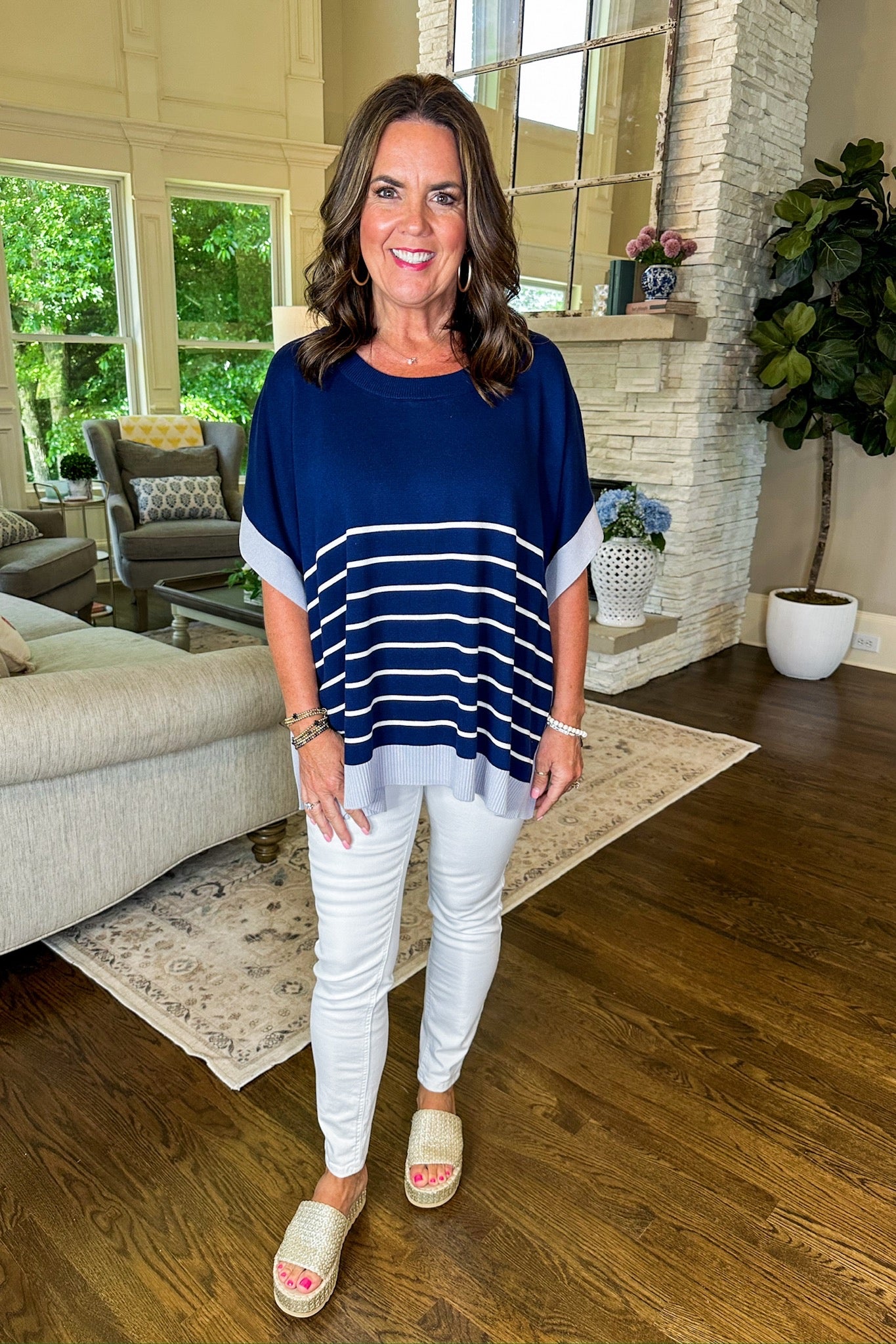 High Quality Striped Poncho Top in Navy/White