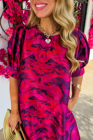 Mixing It Up Puff Sleeve Dress in Magenta
