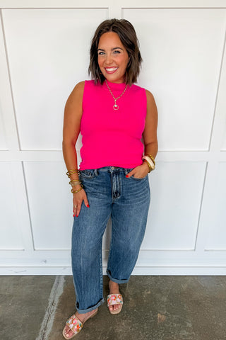 Chic Mock Neck Sleeveless Top in Fuchsia
