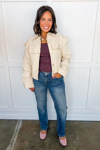 Sweet Talk Ruffle Cream Denim Jacket