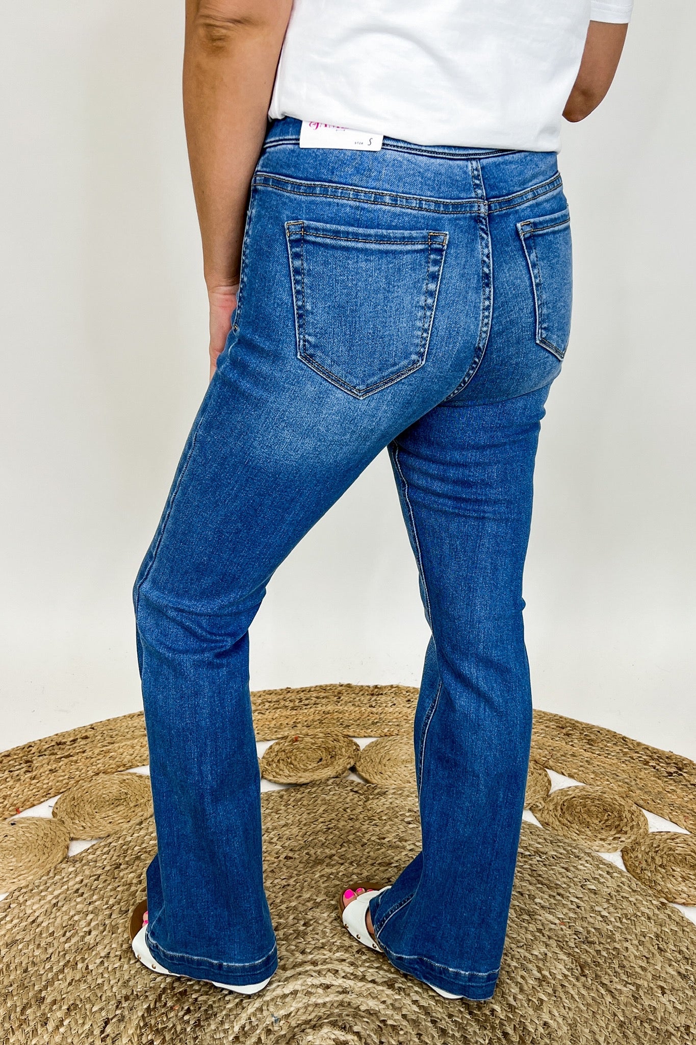 The Bristol Pull-On Medium to Dark Wash Flare Jeans by Jules & James