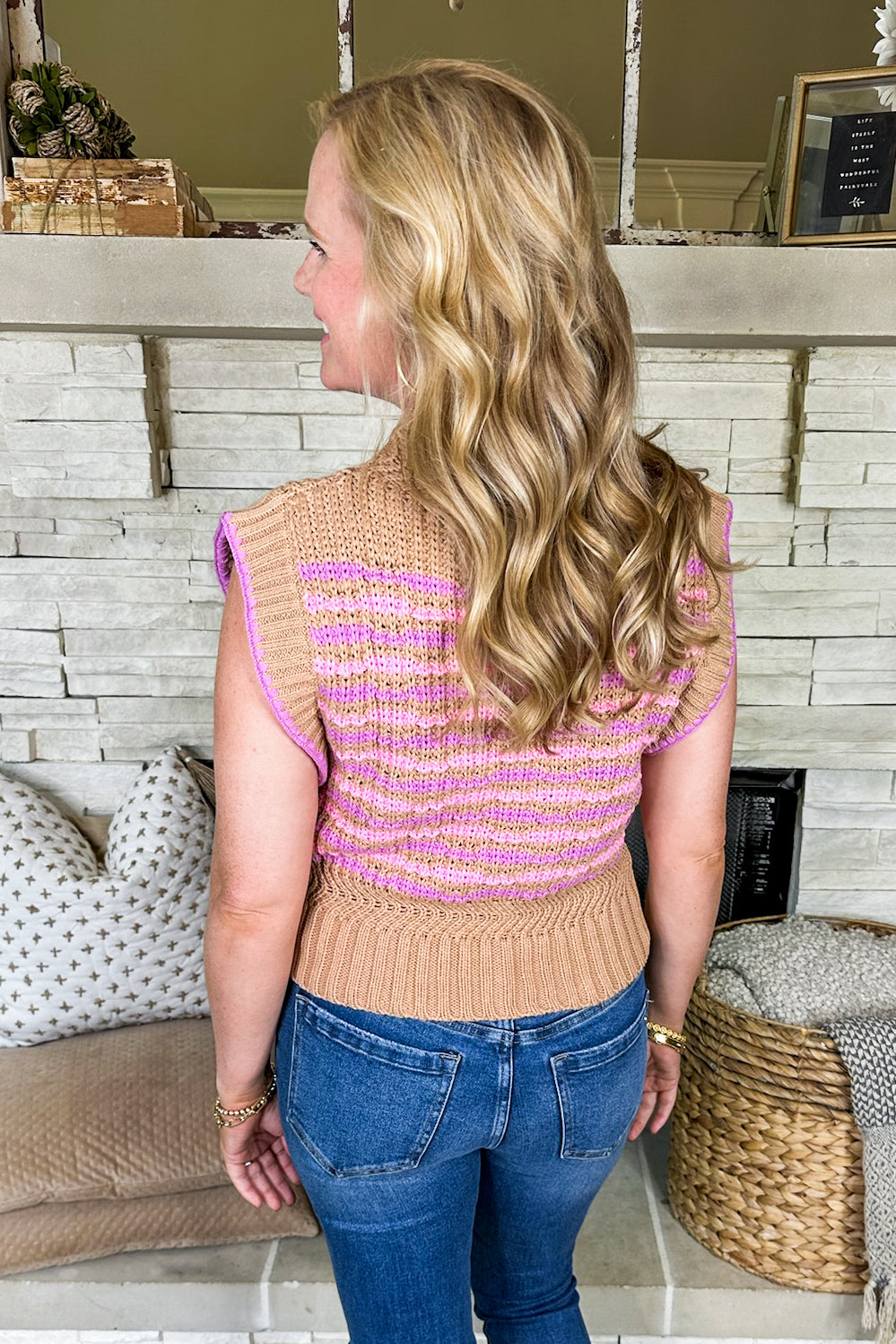 Pink Purple Stripe Cap Sleeve Knit Top in Camel