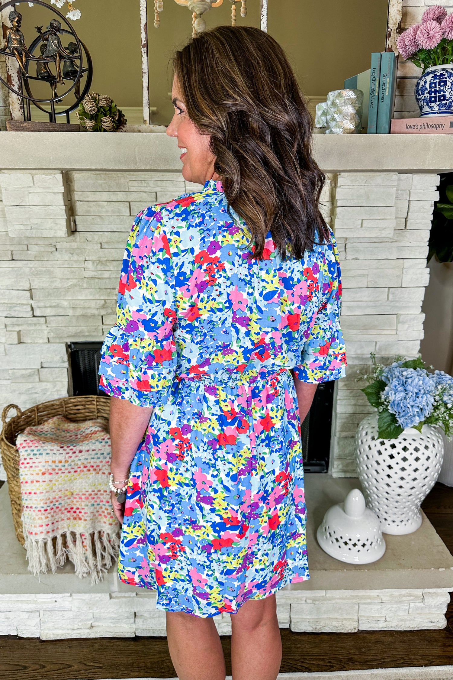 Ruffle Bell Sleeve Elastic Waist Pocketed Floral Dress in Blue