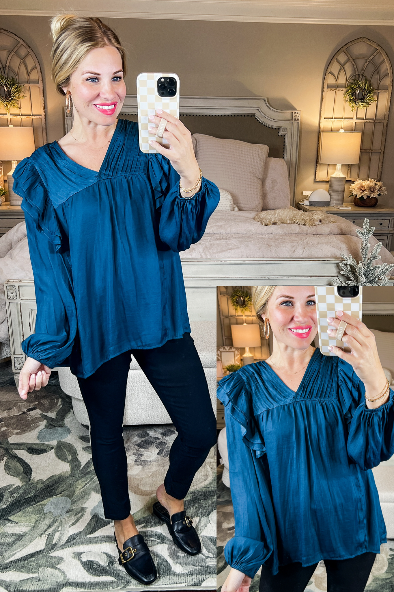 Pleated Ruffle Sleeve Classic Top in Teal