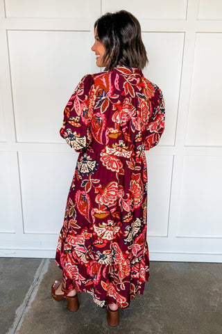 Talk Of The Town Paisley Midi Dress in Burgundy