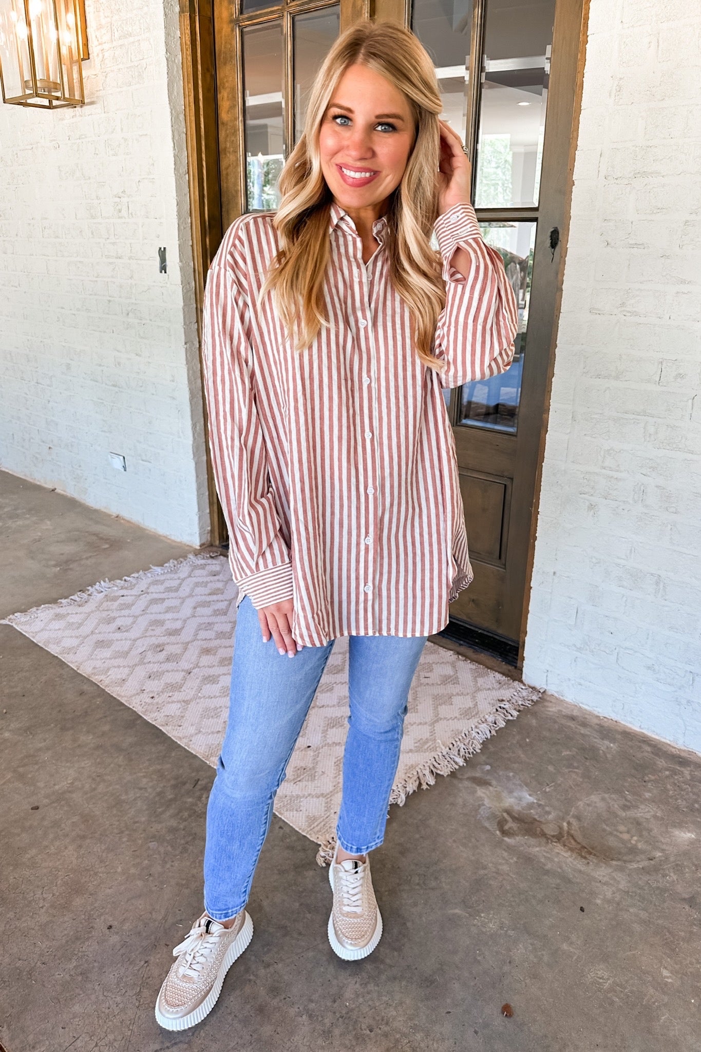 Button Up Pin Stripe Top in Clay