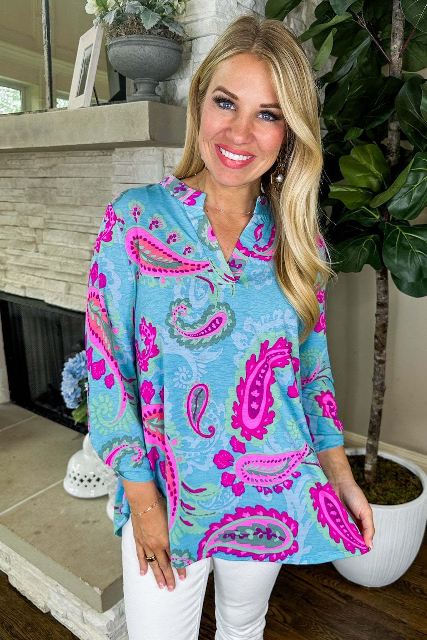 The Lizzy Top in Aqua Pink Paisley