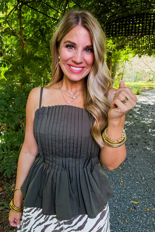 Pretty In Pleats Peplum Top in Army Green