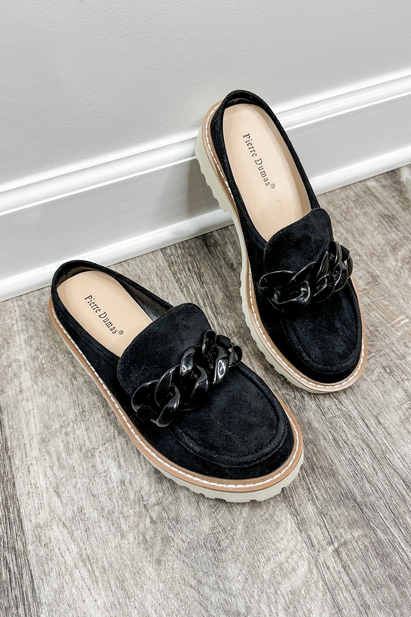 The Mora Suede Chunky Chain Backless Lug Sole Loafer in Black