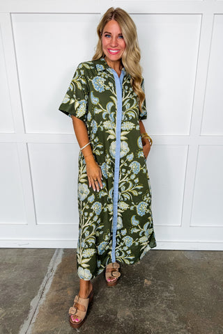 The Kayla Floral Midi Dress in Olive