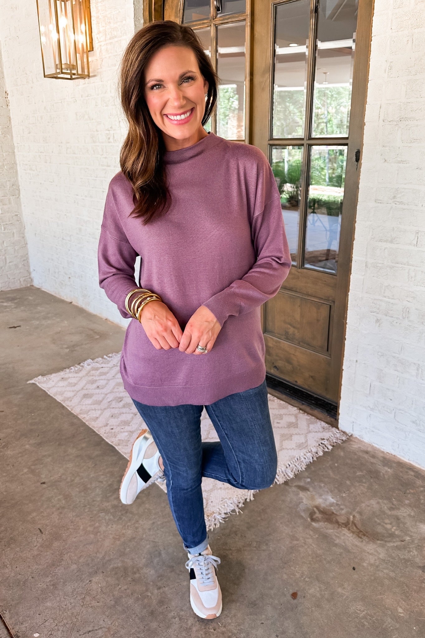 Mock Neck Soft Ribbed Sweater Top in Purple