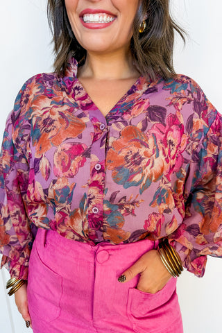 Watercolor Hour Floral Top in Dusty Mauve