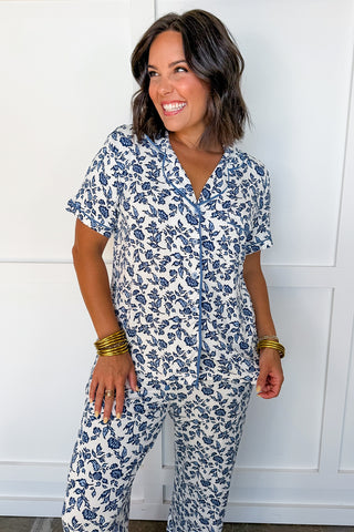 The Charlotte Pajama Pant Set in Ivy Script Navy Floral by Mary Square
