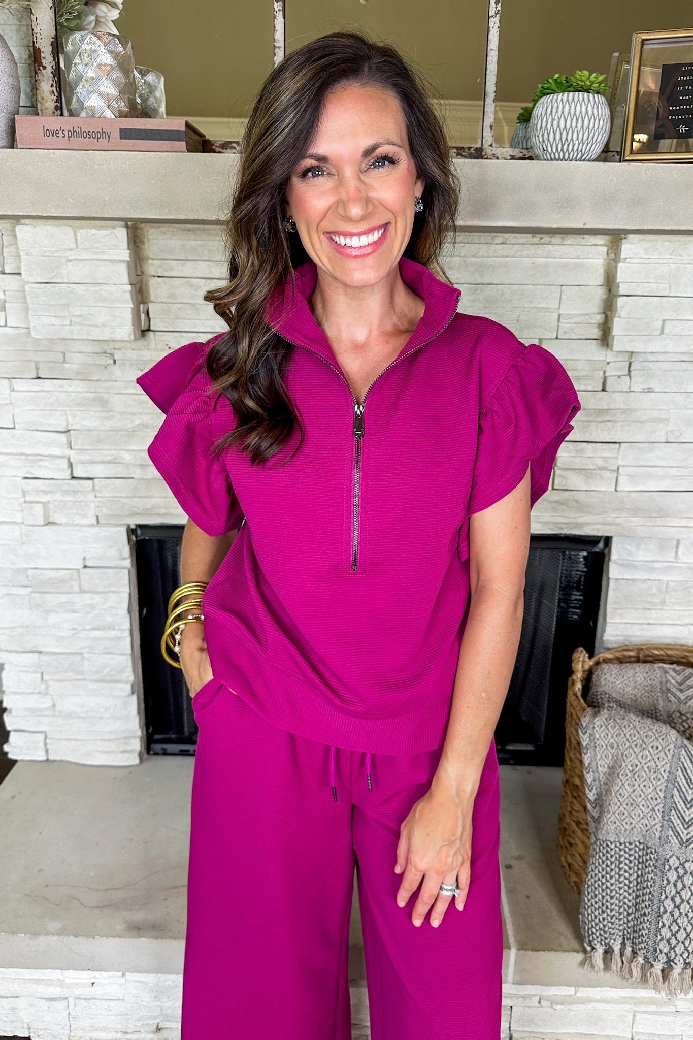 Ribbed Half Zip Ruffle Sleeve Pullover + Wide Leg Pant Set in Magenta