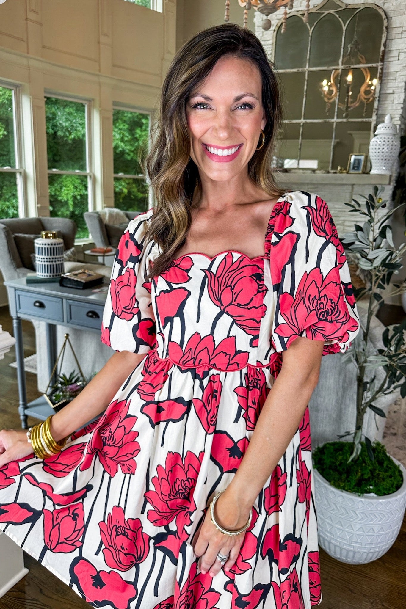 Embroidered Scallop Trim Peony Floral Dress in Red