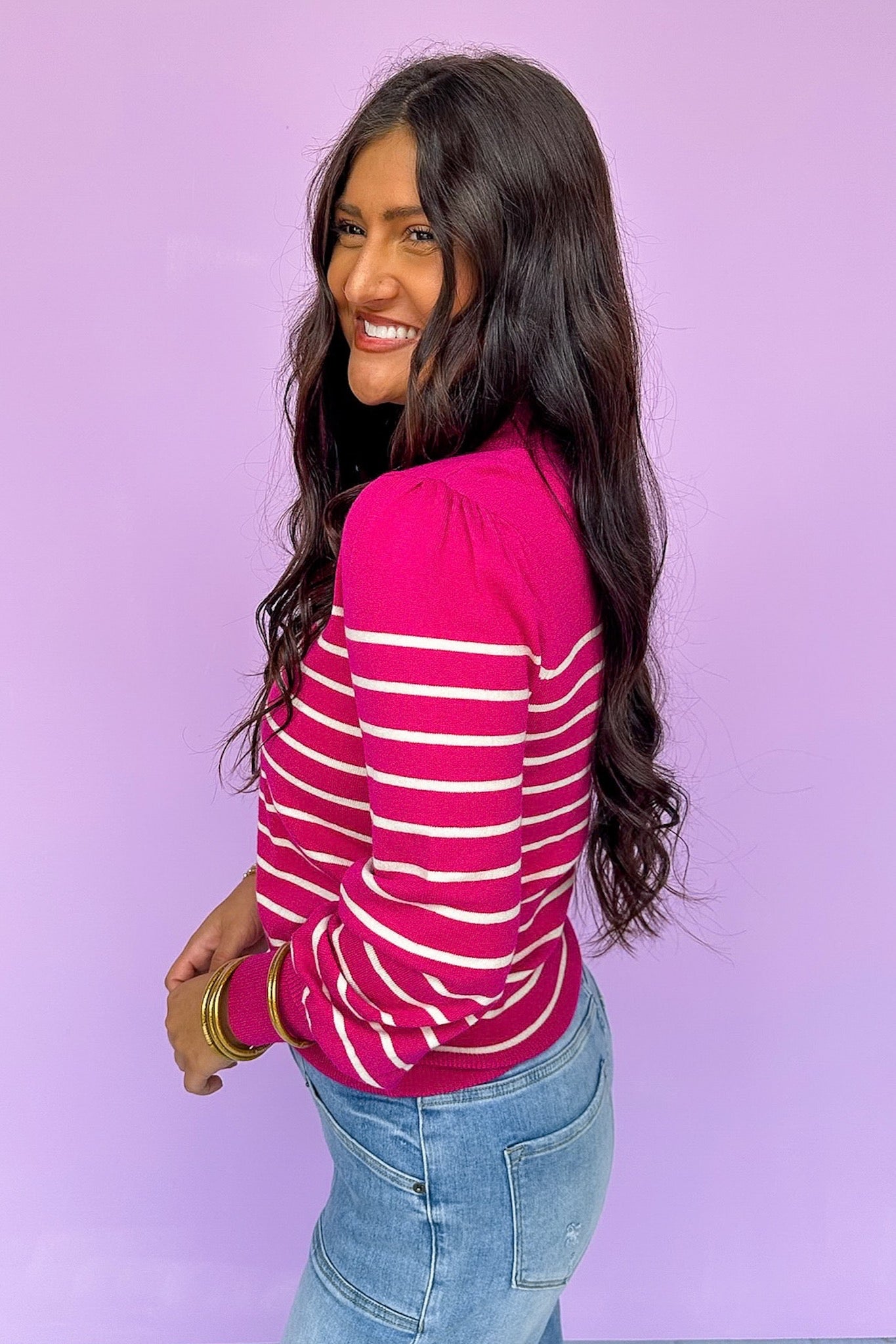 White Striped Puff Lantern Sleeve Magenta Top