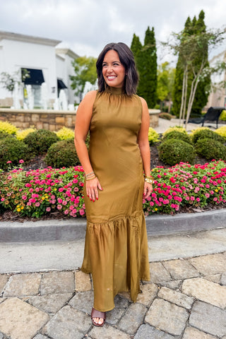The Amelia Soirée Organza Midi Dress in Olive