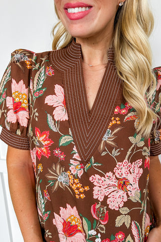 Short V Neck Brown Printed Dress