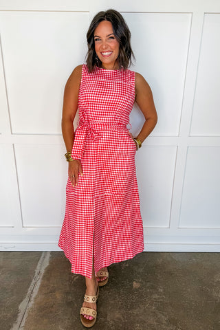 Red Gingham Midi Dress