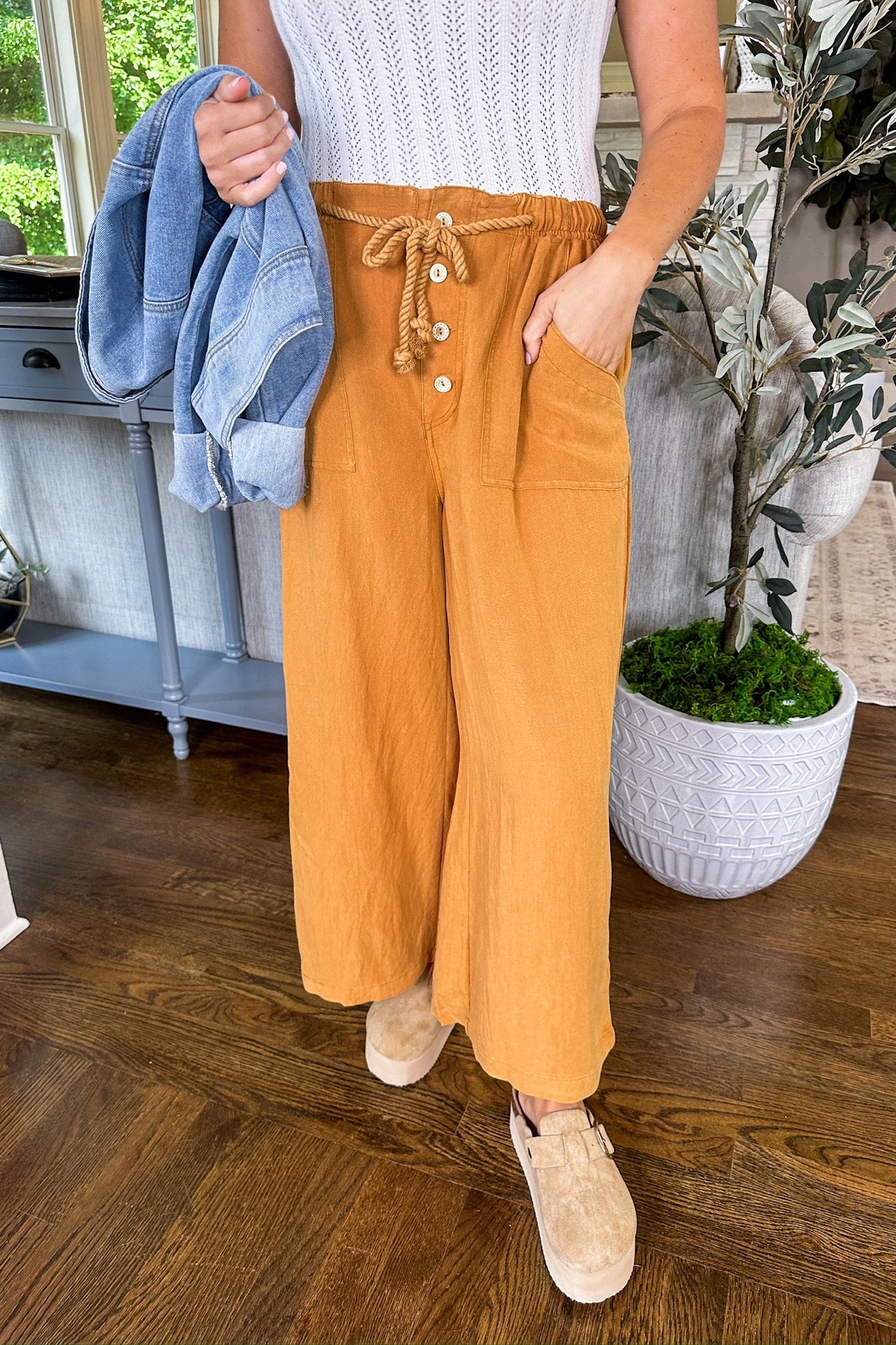 Cropped Rope Elastic Tie Waist Pocketed Honey Colored Pants