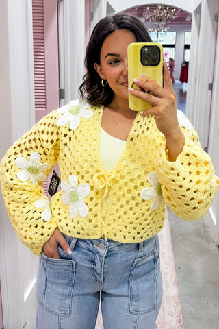 Oopsie Daisy Tie Front Crochet Cardigan in Yellow