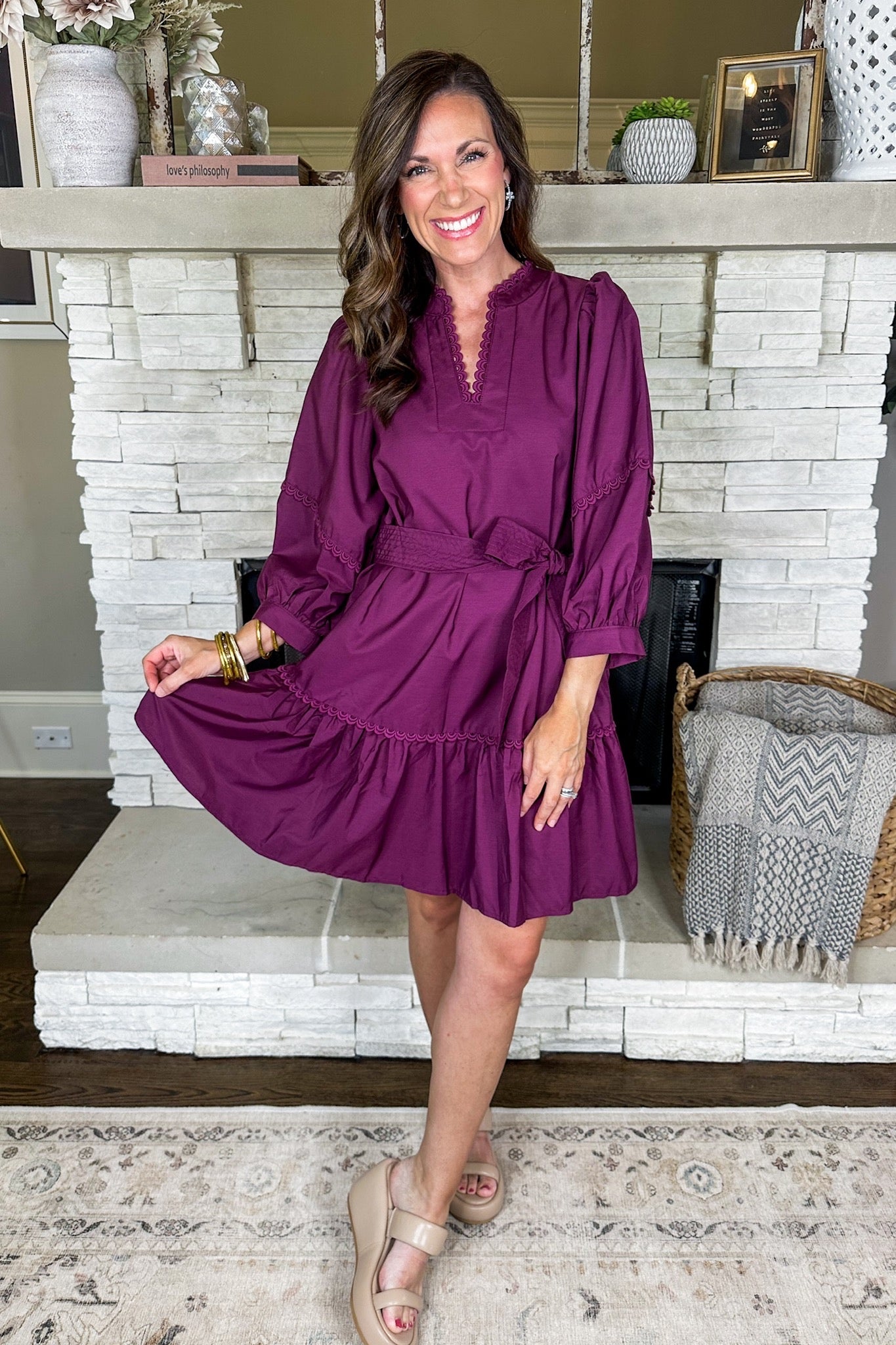 Scallop Eyelet Trim Tie Waist Notch Neck Pocketed Dress in Plum