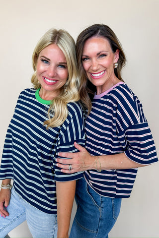 Navy Blue & Pink Striped Boxy Tee