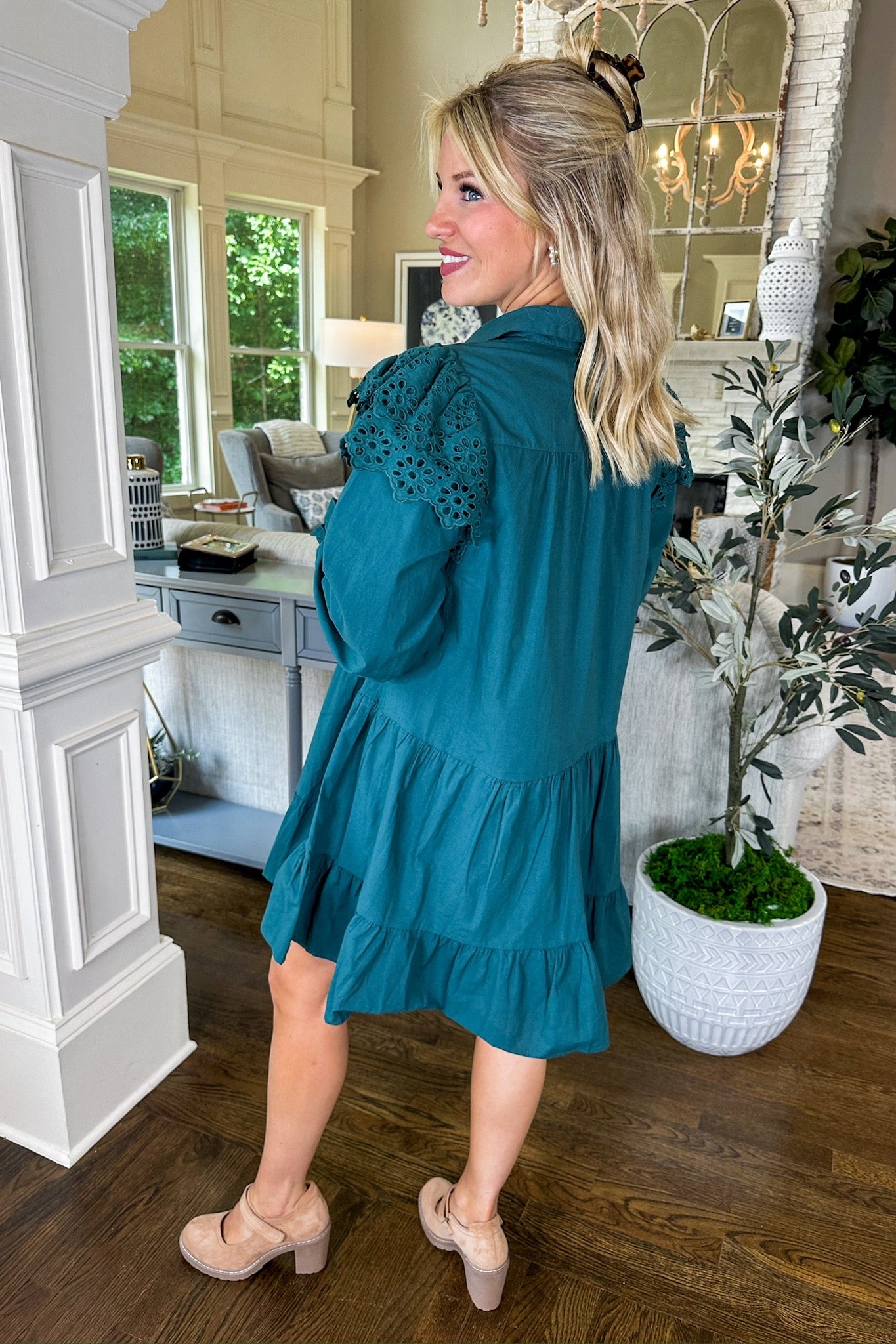 Eyelet Ruffle Sleeve Collared Tiered Long Sleeve Dress in Hunter Green