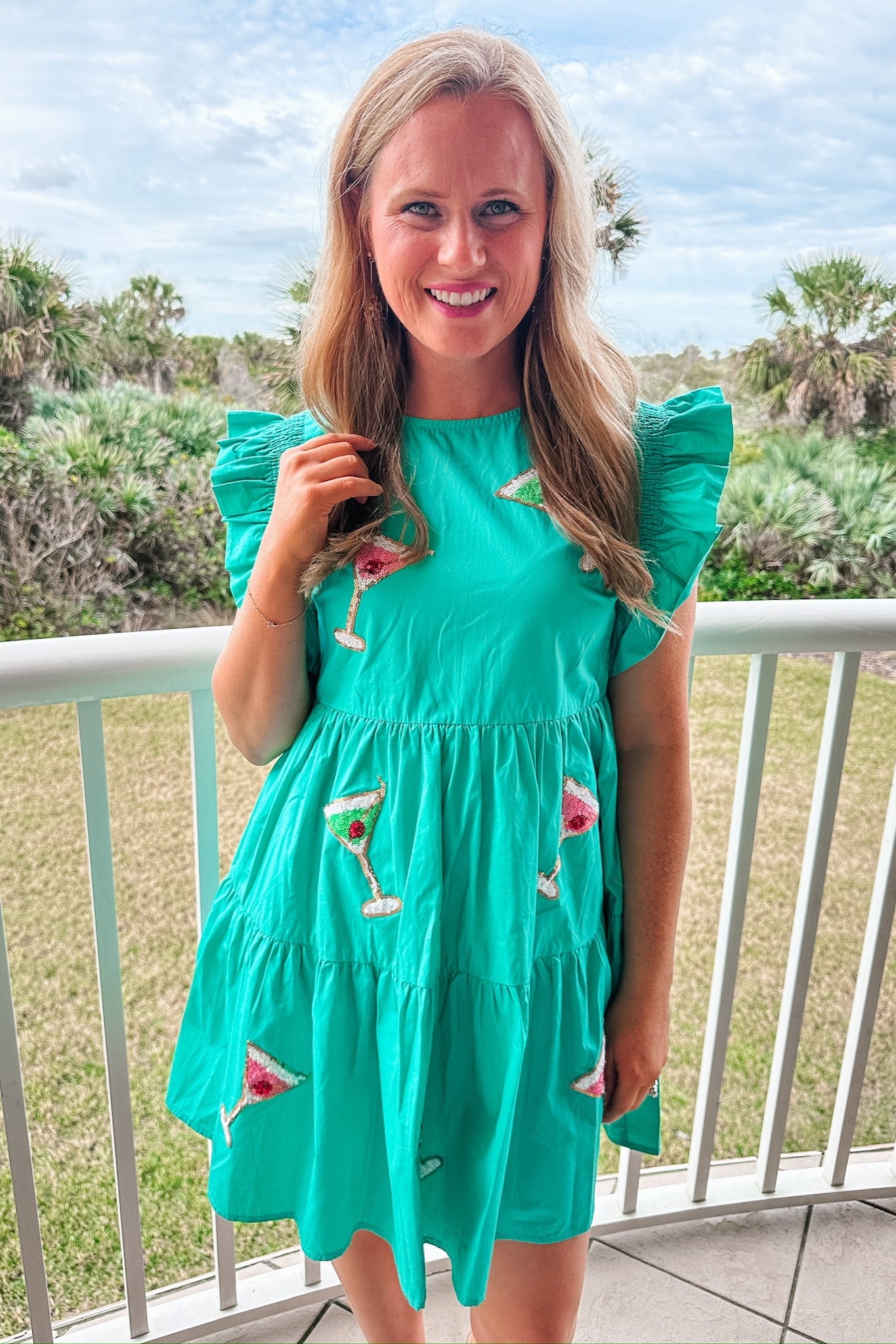 Sequin Martinis Tiered Dress in Teal