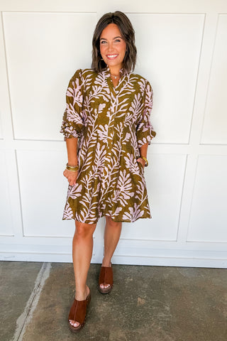 Fern Frond Print Dress in Olive
