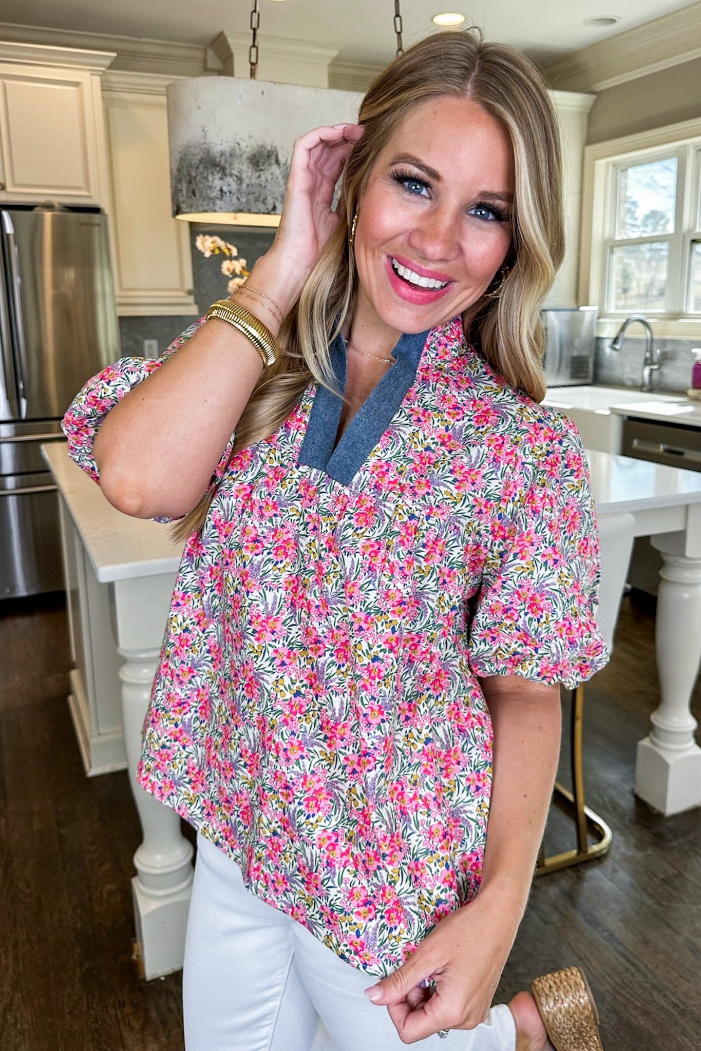 Floral Denim V Neck Puff Sleeve Top by THML