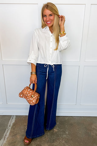 Perfectly Polished Tie Front Button Down Top in White