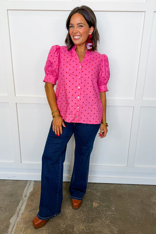 Preppy Dot Puff Sleeve Top in Pink