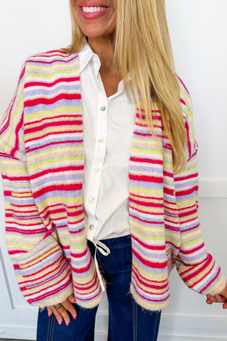 All Mixed Up Stripe Cardigan in Fuchsia Multi