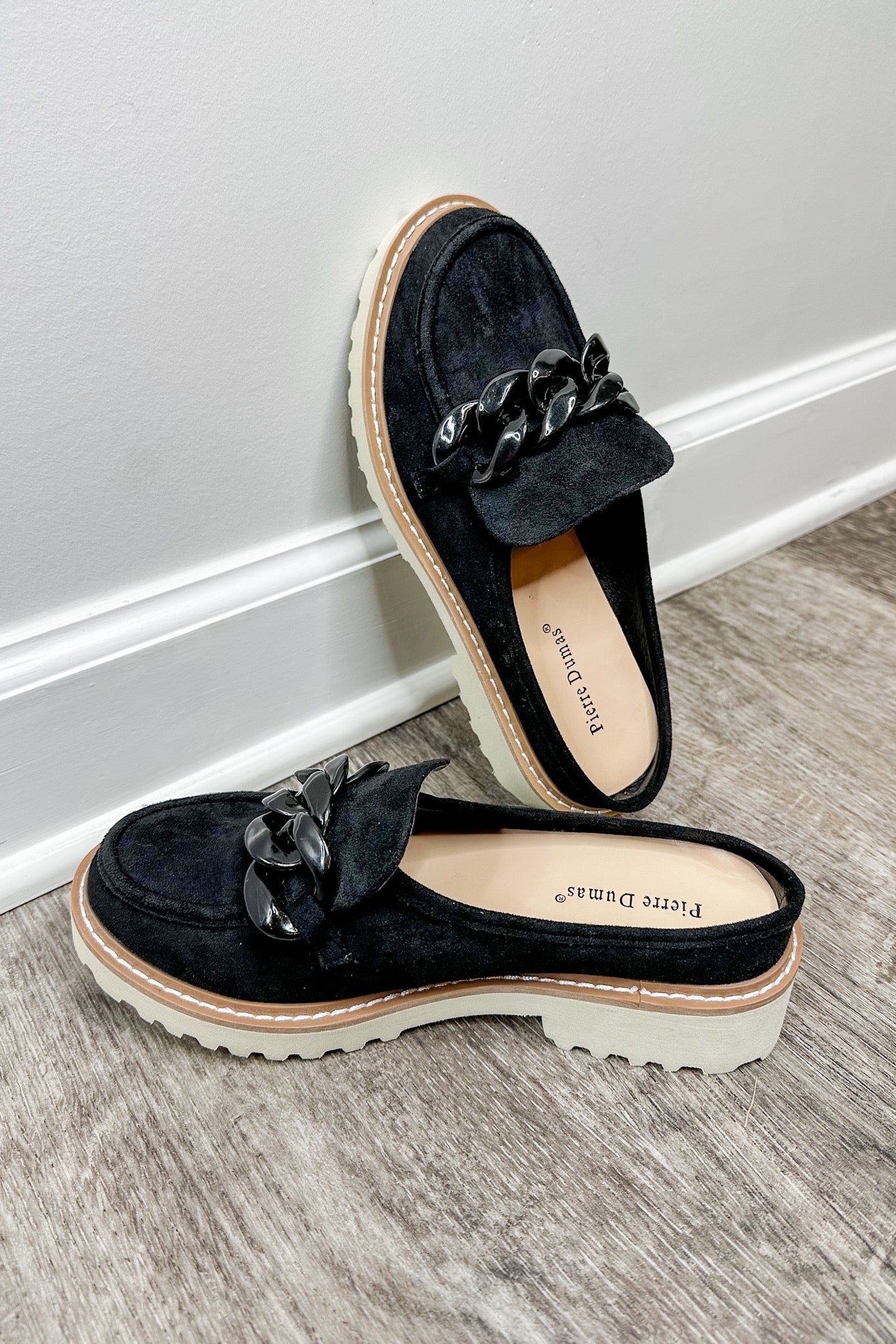 The Mora Suede Chunky Chain Backless Lug Sole Loafer in Black