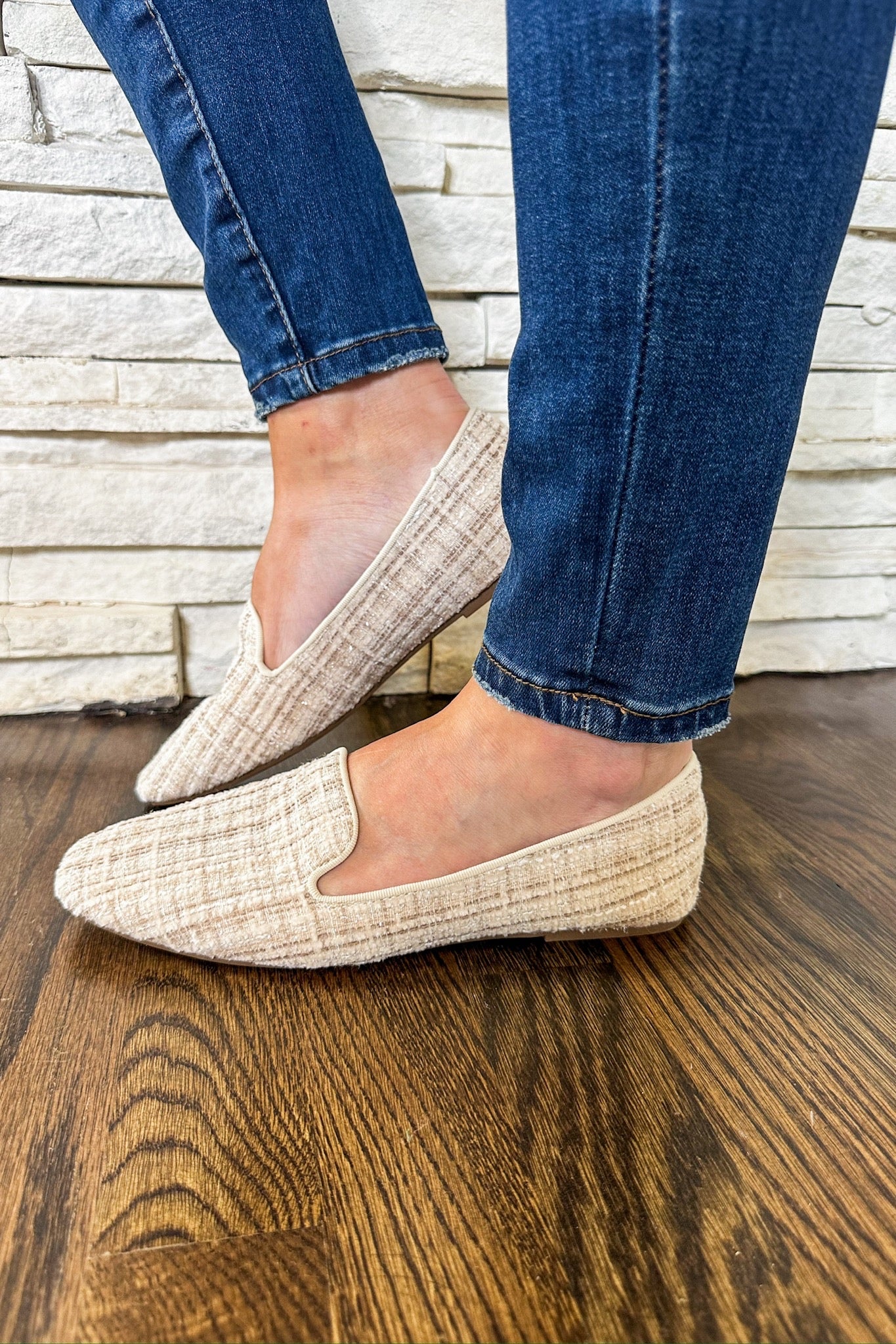 Plaid Tweed Goody Two Shoes Corkys Loafer Flat in Sand