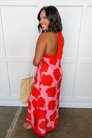 The Kara Beth Halter Midi Dress in Orange & Pink