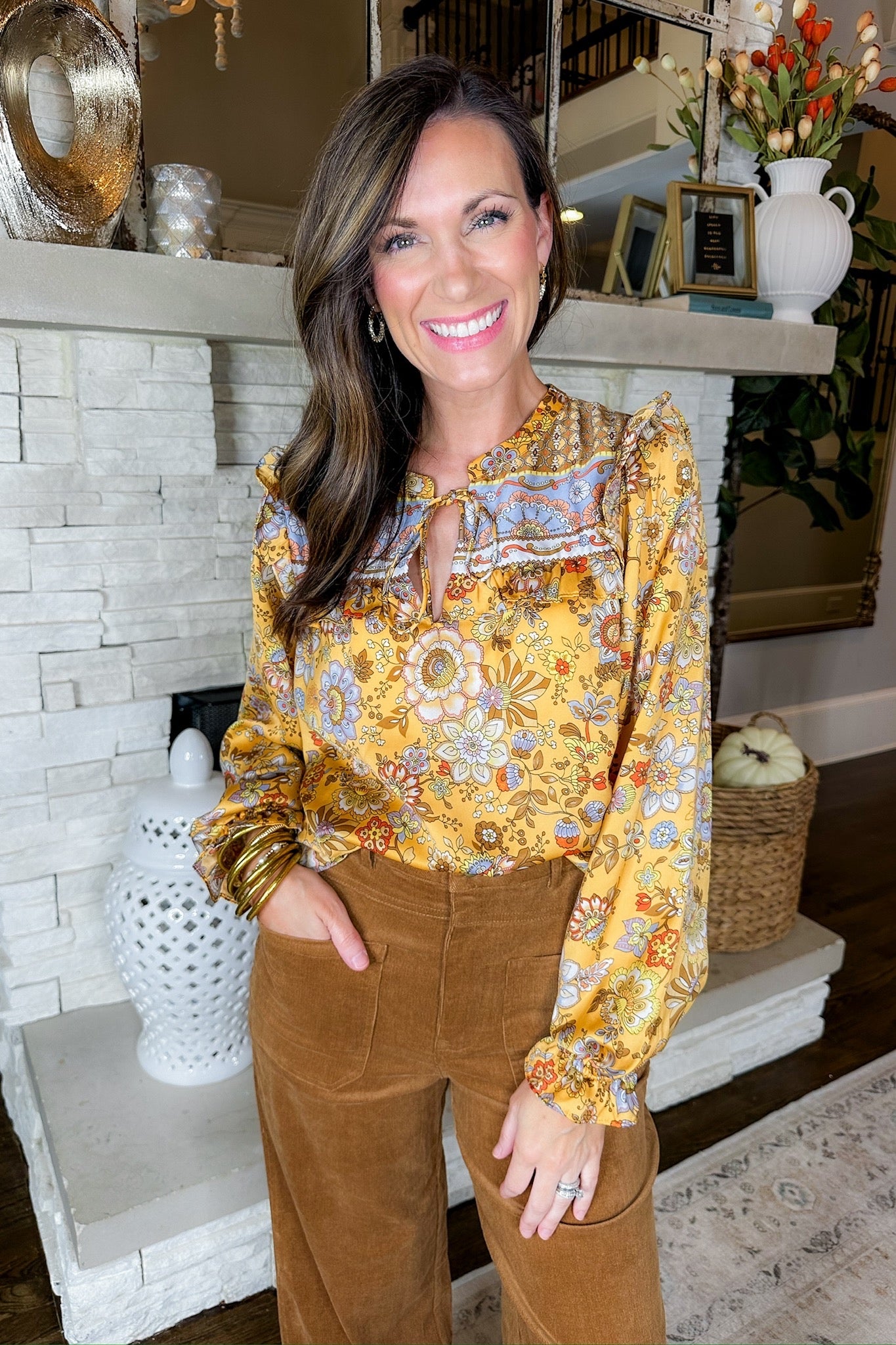 Floral Tie Neck Poet Sleeve Satin Mustard Blouse