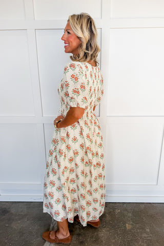 Autumn Petal Smocked Midi Dress