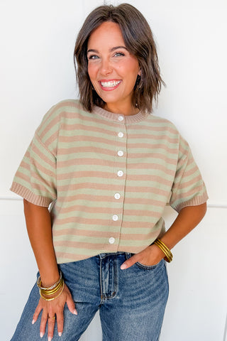 Better Together Stripe Button Down Top in Mushroom & Sage