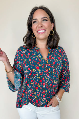 Dear Scarlett Liz Bell Printed Top in Teal