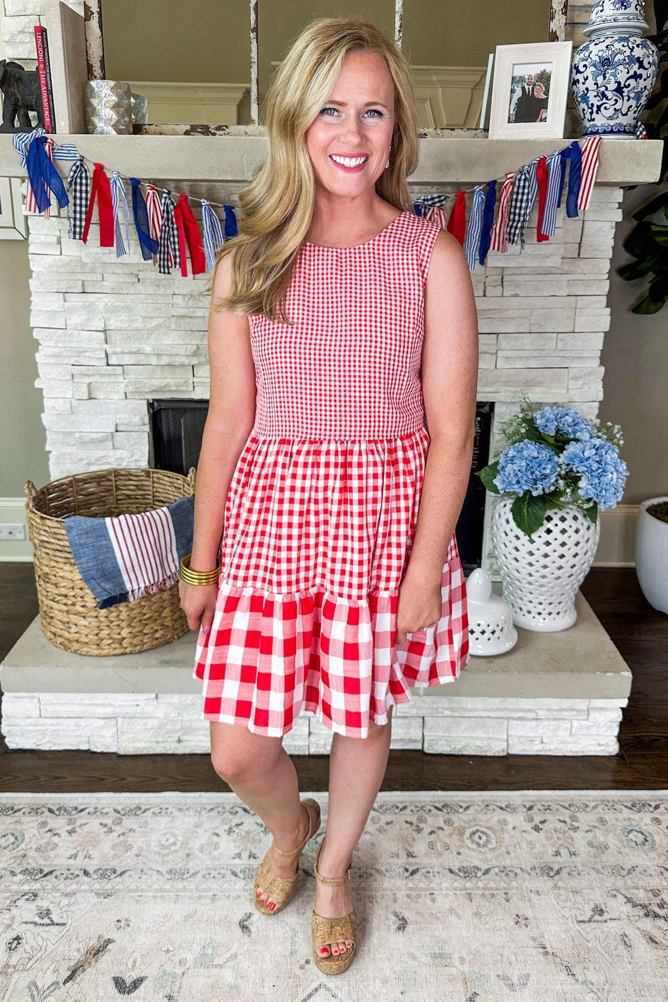 Red Gingham Print Tiered Dress