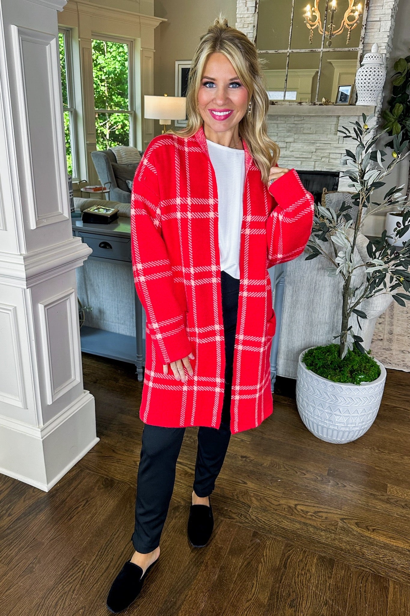 Cozy Oversized Red Plaid Pocketed Long Open Cardigan