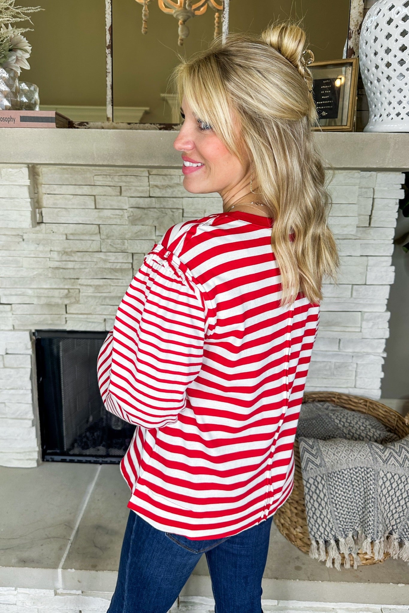 Exposed Seam Casual Stripe Long Sleeve Top in Red